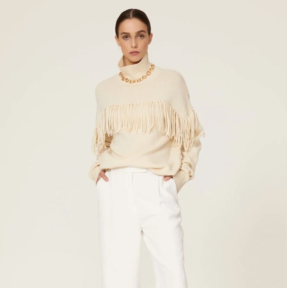 JASON WU Knotted Fringe Merino Wool Turtleneck Sweater Ivory Sz XS $795 {D53}